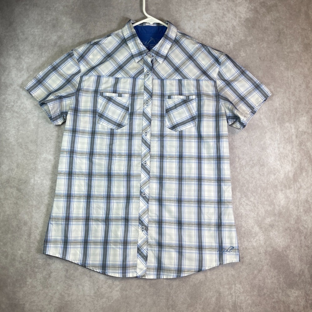 Kuhl Ionik Shirt Mens Large Blue Plaid Button Up Short Sleeve Hiking Climbing
